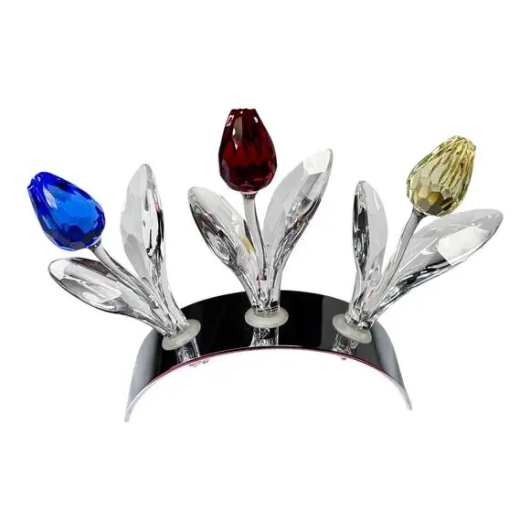 Swarovski Crystal 3 TULIP FLOWERS & DISPLAY STAND Holder Red Yellow Blue 3-1/2